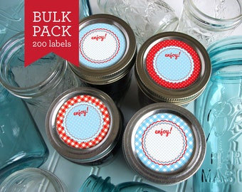 BULK PACK! 200 Red & Blue Cottage Chic canning labels, round jam and jelly jar stickers for kitchen pantry, gifts for canners, bakers, cooks