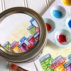 Watercolor Mason Jar Canning Labels, printed round kitchen pantry stickers for jam, jelly, pickles, vegetables, & salsa jars