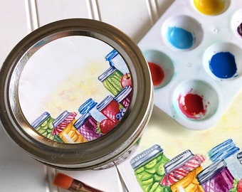 Watercolor Mason Jar Canning Labels, printed round kitchen pantry stickers for jam, jelly, pickles, vegetables, & salsa jars