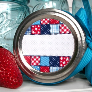Country Quilt canning labels, round red white & blue patriotic mason jar stickers, Americana jam and jelly jar labels, gifts for canners