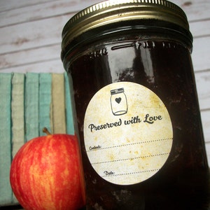 Vintage Preserved with Love canning jar labels, round mason jar stickers for fruit and vegetable preservation, retro jam & jelly jar labels image 4