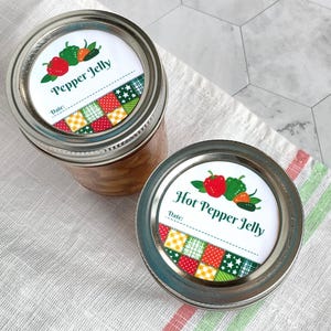 Country Quilt Hot Pepper Jelly canning labels, round printed mason jar stickers