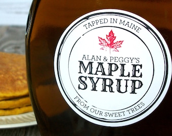 Custom Black Seal Maple Syrup labels, vintage black & white apothecary style stamp sticker with red maple leaf, custom round canning labels