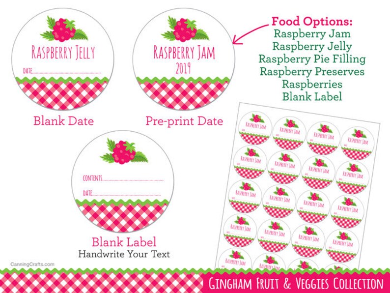 Label Red Raspberry Jam Gingham Red Raspberry Canning Jar Labels, Printed Round Mason Jar ...