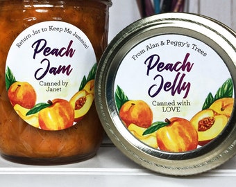 Custom Watercolor Peach canning labels, personalized printed round mason jar stickers for kitchen pantry jam, jelly, preserves, pie filling