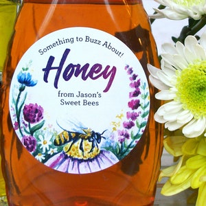 Custom Watercolor Wildflower Honey Labels, whimsical customized honey bee flower stickers print with YOUR text, gift for backyard beekeepers