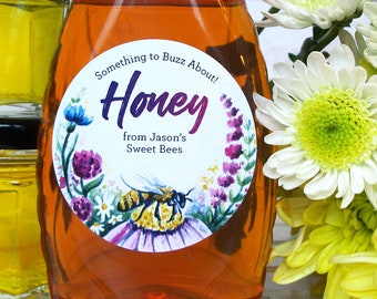 Custom Watercolor Wildflower Honey Labels, whimsical customized honey bee flower stickers print with YOUR text, gift for backyard beekeepers