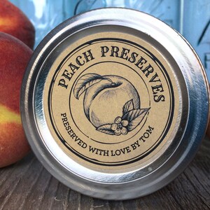 Custom Kraft Apothecary Peach canning labels for jam, jelly, preserves, sugar scrubs, candles, printed round customized mason jar stickers