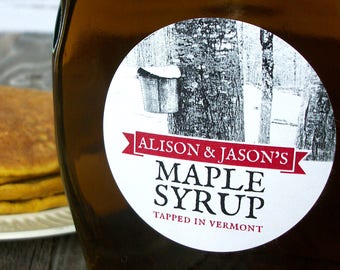 Custom Tree Tapping Maple Syrup labels, custom round canning jar labels print with YOUR name vintage black & white tree sap collection photo