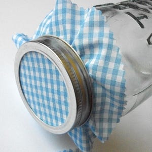 12 Blue Gingham Jam Jar Covers, Fabric Cloth Toppers for mason jars, food preservation, baby 0shower favor jars