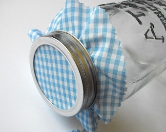 12 Blue Gingham Jam Jar Covers, Fabric Cloth Toppers for mason jars, food preservation, baby 0shower favor jars