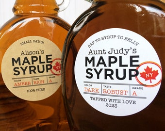 Custom Just The Facts Maple Syrup labels, Modern Black & White or Kraft paper personalized printed stickers, round canning and bottle labels