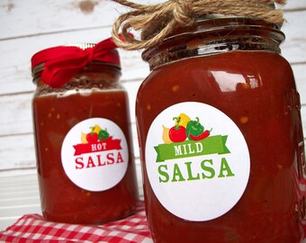 Mild, Medium, Hot, Salsa canning labels, round mason jar stickers for tomato vegetable preservation, regular & wide mouth salsa jar labels