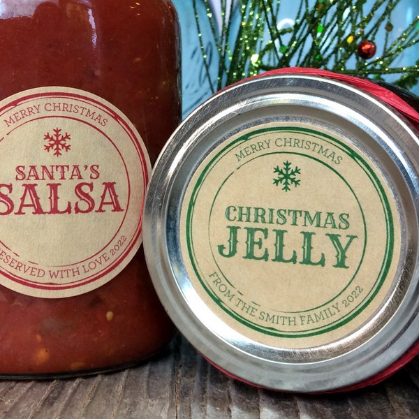 Custom Apothecary Christmas canning labels for jam, jelly, holiday gifts, round personalized red or green printed kraft mason jar stickers
