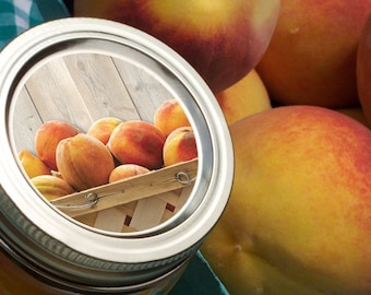 Market Fresh Peach canning jar labels, round rustic fruit mason jar stickers, peach jam jelly & preserves jar labels for fruit preservation