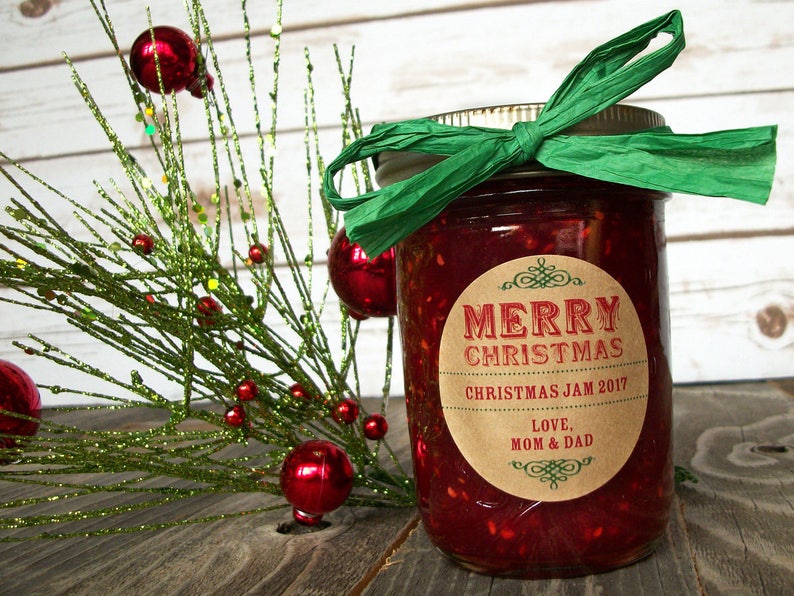 Custom KRAFT Merry Christmas canning jar labels, round holiday gift stickers, personalized mason jar labels, jam and jelly jar labels image 3