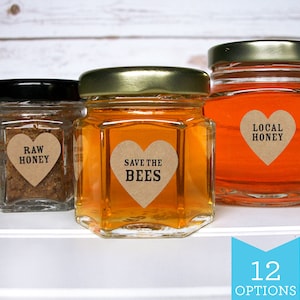 Kraft honey beekeeper heart labels, Save the Bees Organic Local Raw & Pure honey season stickers