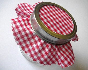 12 Red Gingham Jam Jar Covers, cloth fabric toppers for mason jars, fabric jar covers for food preservation & shower favor jars