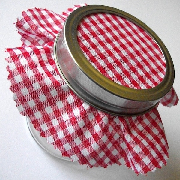 12 Red Gingham Jam Jar Covers, cloth fabric toppers for mason jars, fabric jar covers for food preservation & shower favor jars