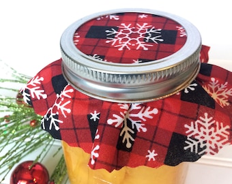 12 Buffalo Plaid Snowflake Christmas Jam Jar Covers, red fabric cloth mason jar toppers, winter holiday mason jar gift decorations