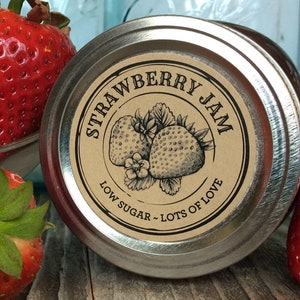 Custom Kraft Apothecary Strawberry canning labels for jam, jelly, preserves, sugar scrubs, round personalized printed mason jar stickers