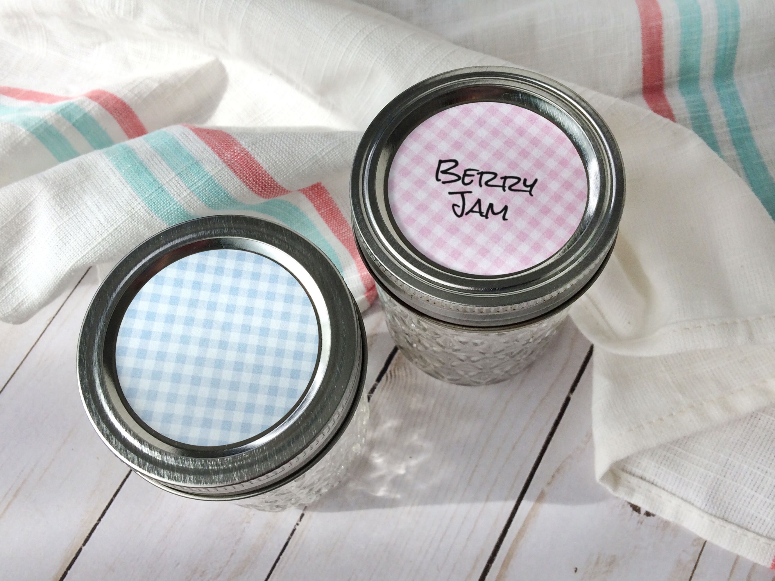 Checkered Canning Jar Labels, Round Pastel Mason Jar Stickers, Printed