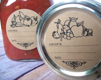 Vegetable or Fruit kraft paper canning labels, round vintage mason jar labels for veggie and fruit preservation, jam jelly jar sticker gifts