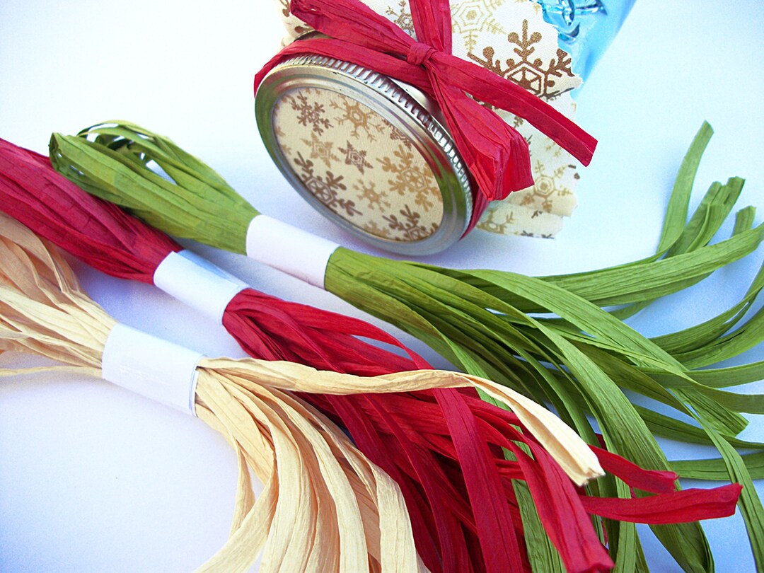 12 Christmas Paper Raffia Ribbons, Red, Lime Green, Emerald Green, or ...