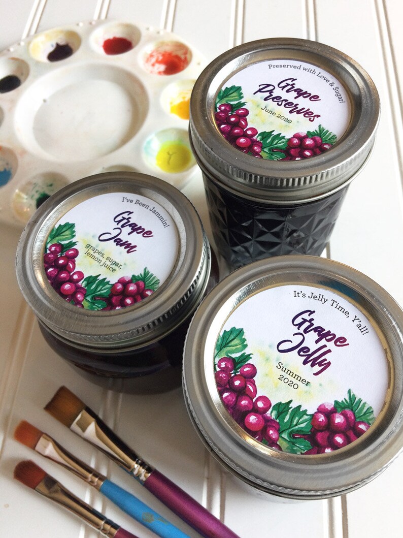 Custom Watercolor Grape canning labels, personalized round printed mason jar stickers for home canned jam jelly fruit juice & preserves image 7