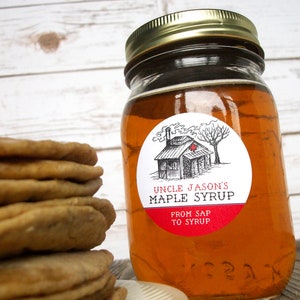 Custom Sugar Shack Maple Syrup Labels for backyard sugaring gifts, customized printed round canning jar & bottle stickers with sap house art image 8