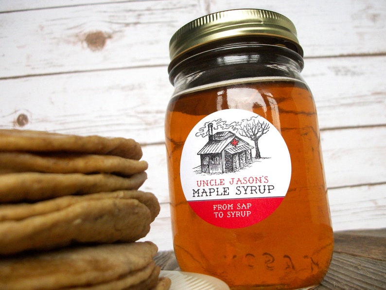 Custom Sugar Shack Maple Syrup Labels for backyard sugaring gifts, customized printed round canning jar & bottle stickers with sap house art image 8