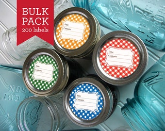 BULK PACK! 200 Gingham canning labels, round red, blue, green, orange mason jar stickers for pickles, jam, jelly, salsa, & kitchen pantry