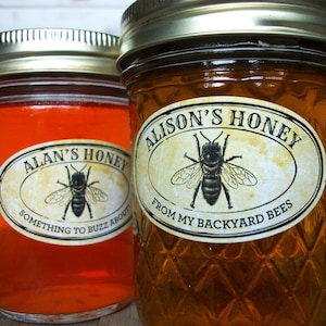 Custom Vintage Seal Oval Honey jar labels, customized printed horizontal honey bee labels for backyard beekeeper gift & farm apiary