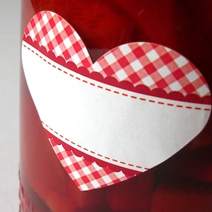 RED Heart labels, cottage chic country gingham heart stickers for gift giving, food preservation & baking kitchen labels image 1
