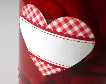 RED Heart labels, cottage chic country gingham heart stickers for gift giving, food preservation & baking kitchen labels