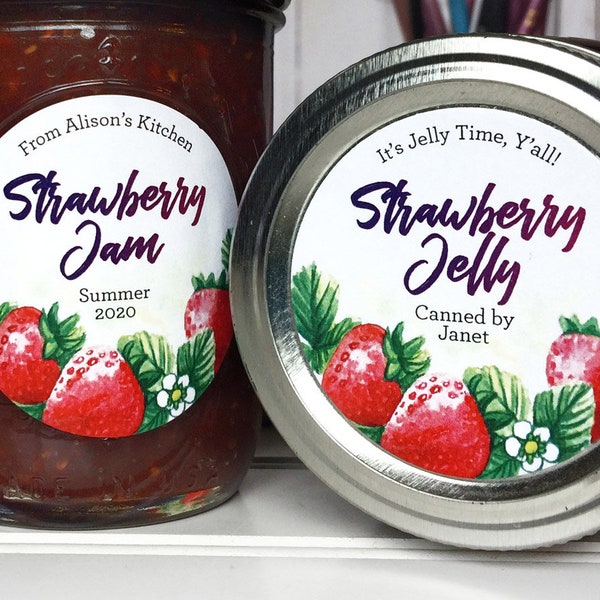 Custom Watercolor Strawberry canning labels, printed round kitchen pantry mason jar stickers for jam, jelly, preserves, pie filling