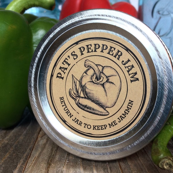 Custom Apothecary Pepper canning labels for jelly, jam, hot sauce, BBQ, pickled or candied, round personalized printed mason jar stickers