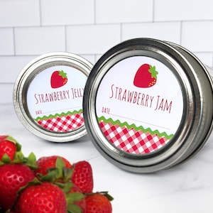 Gingham Strawberry canning jar labels, printed round red mason jar stickers for fruit preservation, jam jelly, pie filling, preserves gifts