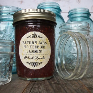 Vintage Return Jars to Keep Me Jammin, custom canning labels personalized with a name, round mason jar sticker gifts for grandma