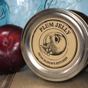 Custom Kraft Apothecary Plum canning labels for jam, jelly, butter, preserves, printed round personalized mason jar stickers