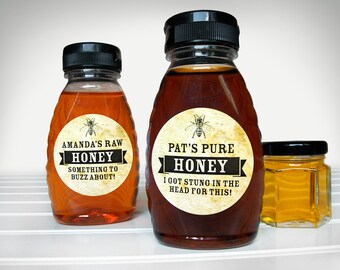 Personalized Antique Honey Jar Labels, custom printed round bee stickers for family farm beekeeper business gift