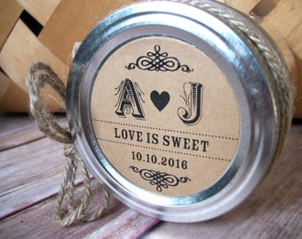 Wedding Initials KRAFT paper jam jar labels, custom round canning labels for mason jars, monogram bridal shower favors Love is Sweet sticker
