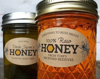 Custom KRAFT Honeycomb Oval Honey labels for quilted mason jars, customized horizontal oval honey bee labels for backyard beekeeper gifts