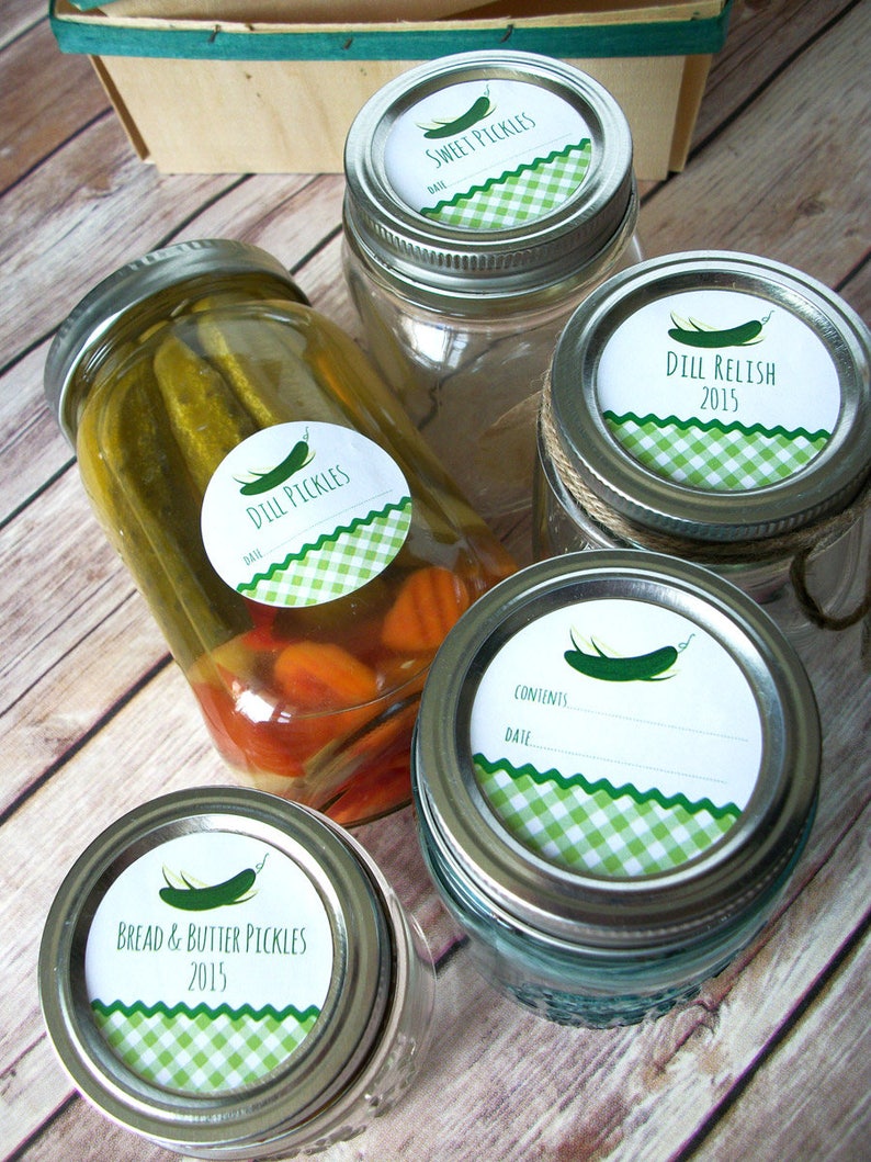 gingham pickle canning jar labels dill sweet bread butter etsy