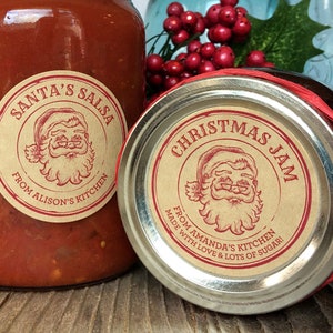 Custom Apothecary Santa Christmas canning labels for jam, jelly, holiday gifts, round personalized printed kraft mason jar stickers