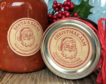 Custom Apothecary Santa Christmas canning labels for jam, jelly, holiday gifts, round personalized printed kraft mason jar stickers
