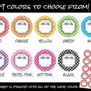 May include: Nine different colored gingham patterned round labels with the text "From the Kitchen of Alison Kay" in a black oval frame. Each label is shown with its corresponding color: red, orange, yellow, green, blue, purple, pastel pink, hot pink, and black.