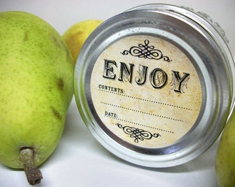Vintage Enjoy canning jar labels, round mason jar stickers for fruit jam & jelly preservation