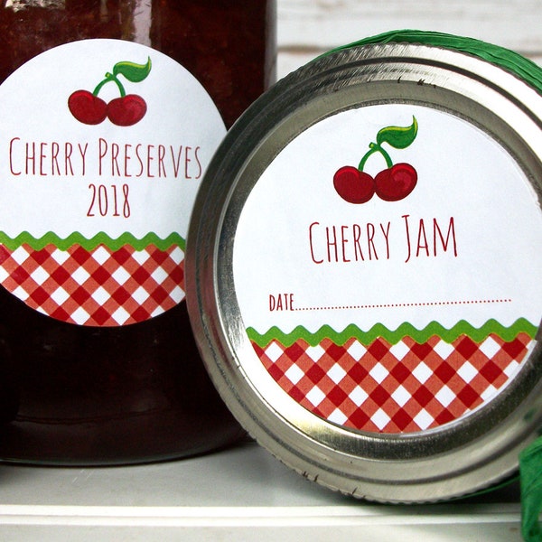 Gingham Cherry canning labels, round printed fruit mason jar stickers for jam, jelly, preserves, pickled & maraschino cherries, pie filling