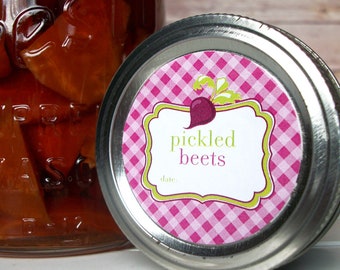 Pickled Beets canning jar labels, gingham mason jar stickers for vegetable food preservation, cute mason jar labels